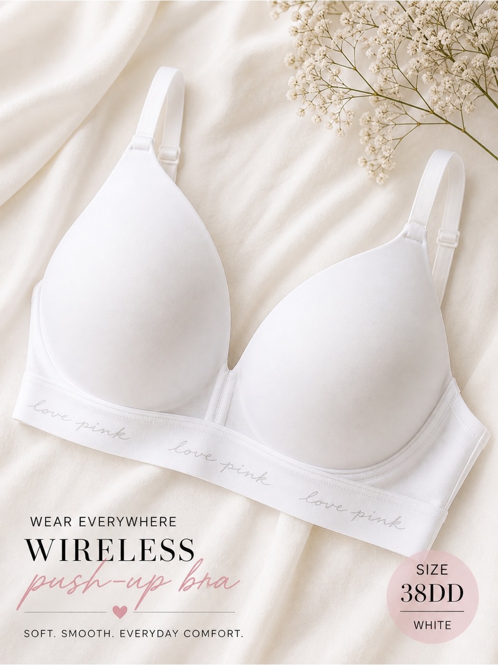 Victoria’s Secret PINK Wireless Push Up Bra 38DD White Wear Everywhere NWT